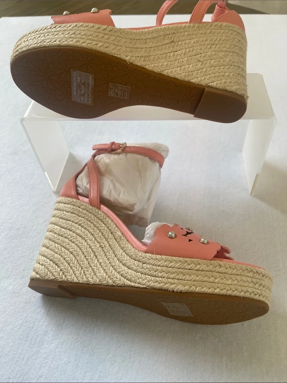kate spade Pink Floral Pearl-Embellished Ankle-Strap Espadrille Wedges